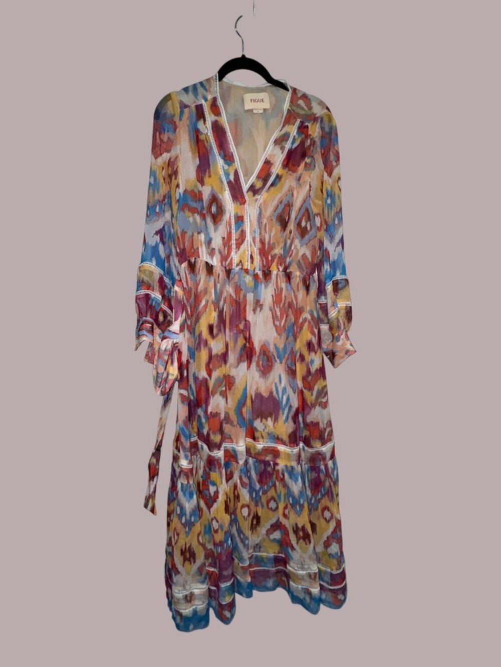 Figue Multicolor Ikat Print Sheer Maxi Dress With Belt & Long Sleeves Size 6